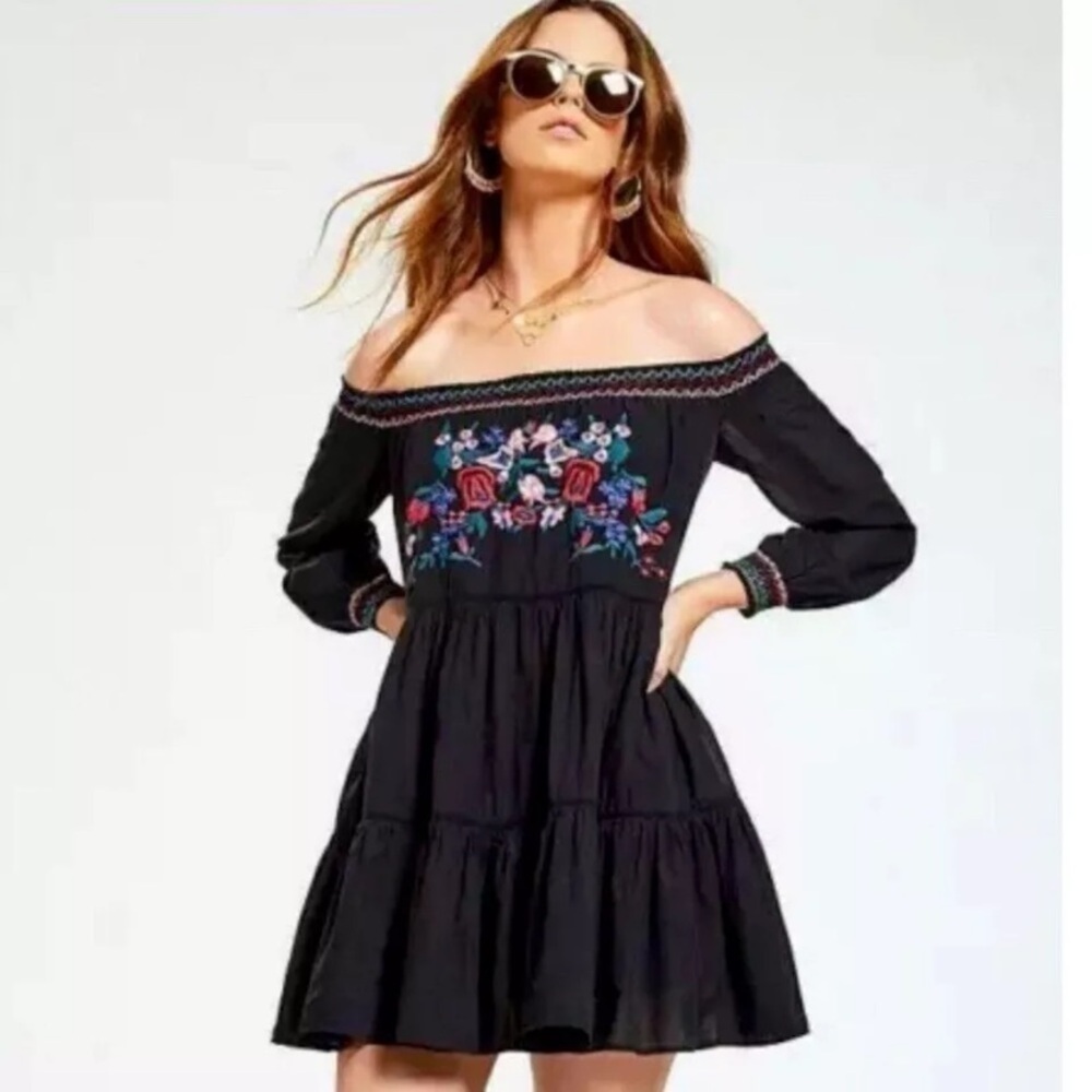 Free People Sunbeams Black Floral Embroidered Off the Shoulder Mini Dress Size M